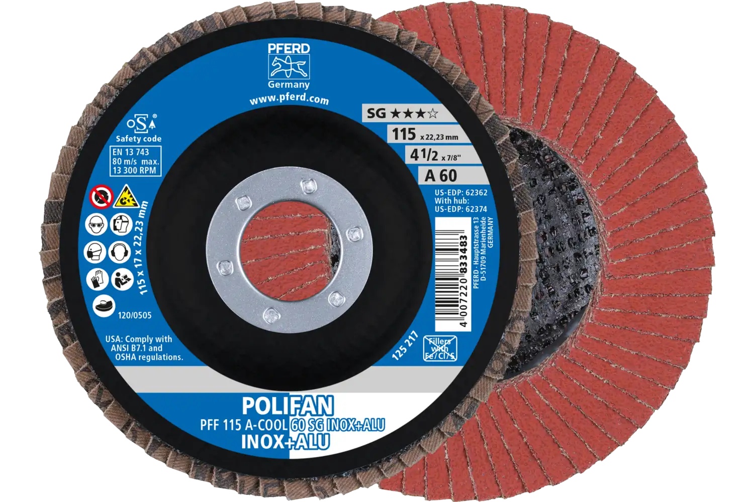 Picture of Pferd Flap Disc, 4-1/2" x 7/8, A-Cool SG Inox+ALU, 60 Grit, T27, Flat, Aluminum oxide